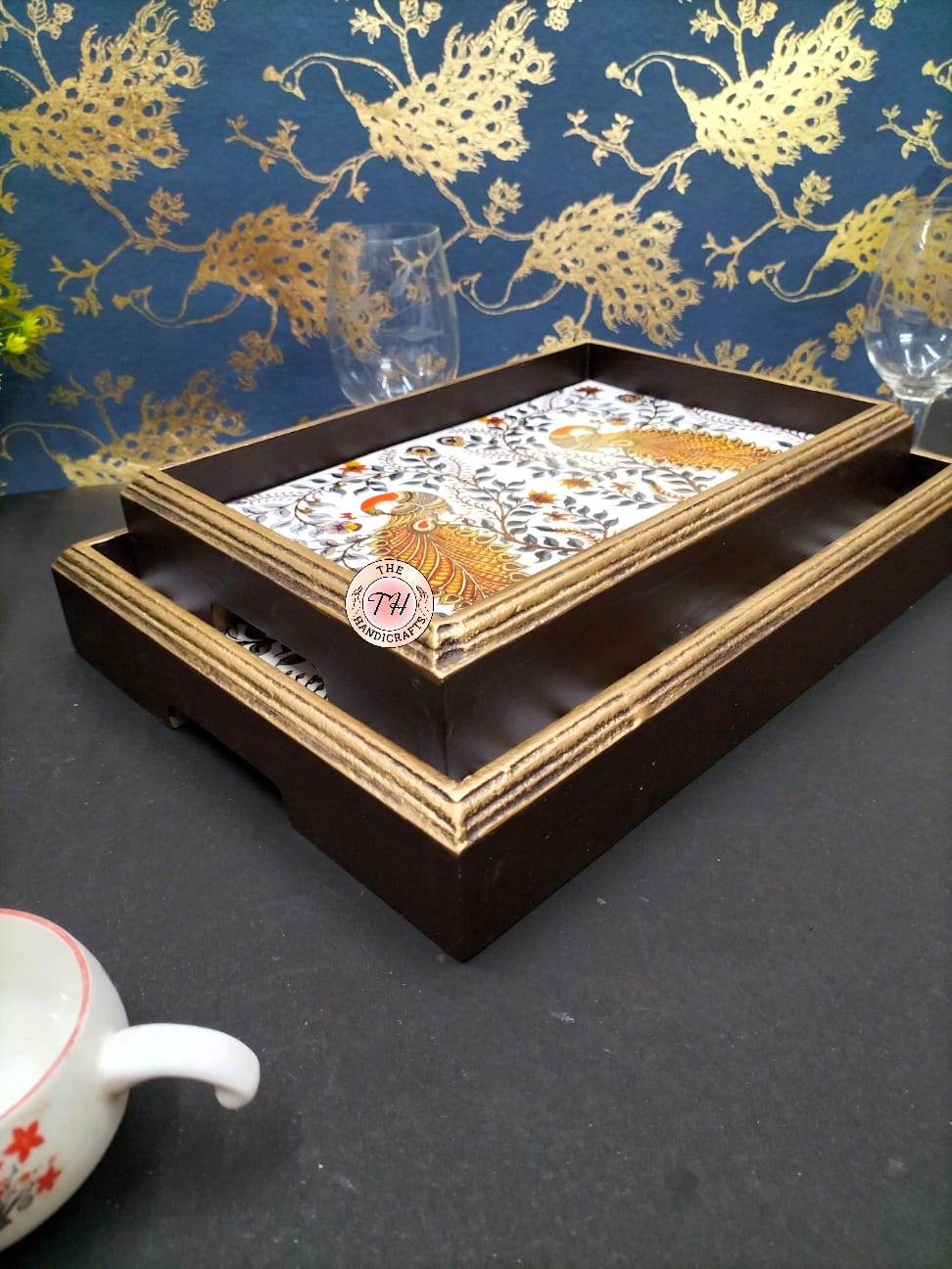 wooden set of 2 serving rectangular tray for home/ office/ gift item